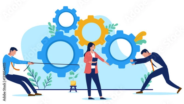Obraz Business teamwork - Team of three businesspeople working together pulling rope, turning cogwheels and keeping the company wheels turning. Flat design vector illustration on white background