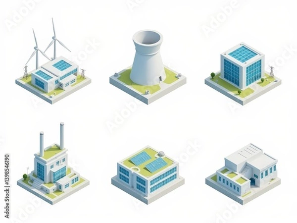 Obraz Set of 3D Isometric vector illustration of an industrial energy complex featuring nuclear reactors, hydroelectric dams, and wind turbines on a clean background