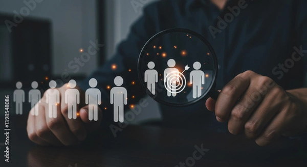 Obraz Target Audience Search: Finding the Right People, Customer Segmentation, Recruitment, and Business Focus with Magnifying Glass Concept