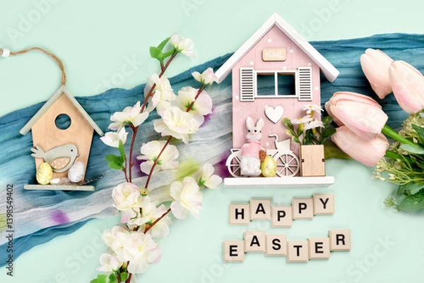 Obraz Easter flat lay background with wooden decors, blossoms and wishes Happy Easter