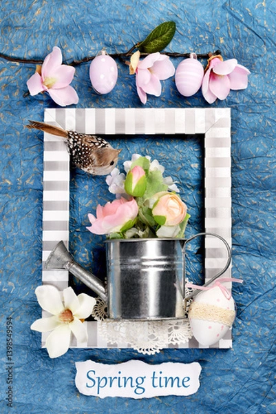 Obraz Spring flat lay background with watering can , flowers and a bird inside the frame