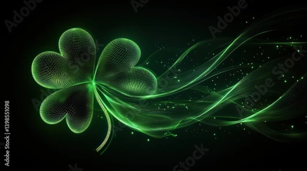 Fototapeta Abstract glowing green shamrock with digital lines on a dark background.
