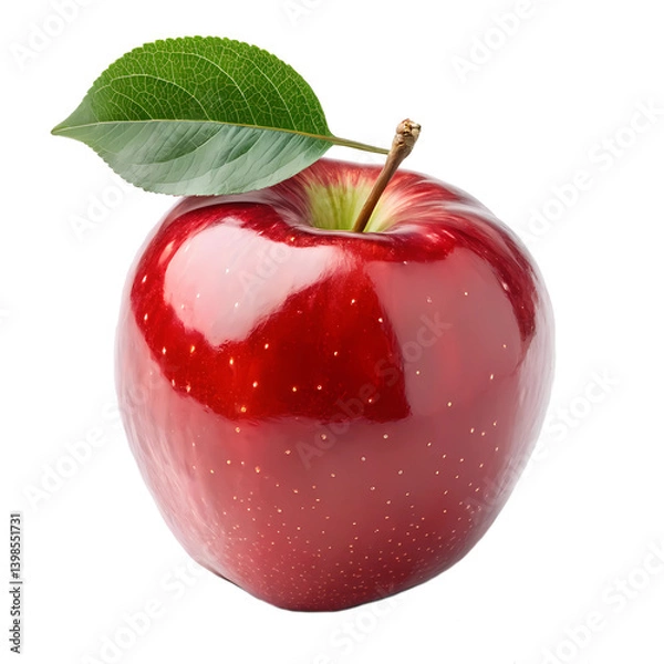 Fototapeta Fresh Red Apple: A vibrant red apple with a single green leaf, a perfect representation of freshness and natural goodness, ideal for health and wellness themes.