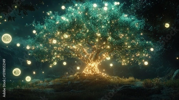 Obraz Mystical glowing tree at night, illuminated with light orbs, in a dark enchanted forest landscape.