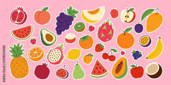 Fototapeta A colorful assortment of fruits and vegetables are scattered across a pink background. Concept of abundance and freshness, with the various fruits and vegetables representing the diversity
