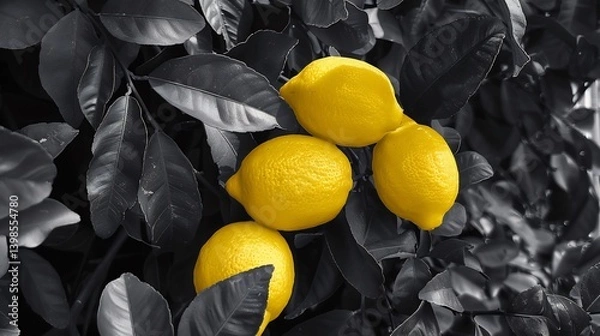 Fototapeta Fresh bunch of bright yellow lemons in selective color contrasting with the black and white branches and leaves around them