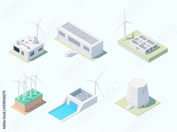 Fototapeta Set of 3D Isometric vector illustration of an industrial energy complex featuring nuclear reactors, hydroelectric dams, and wind turbines on a clean background