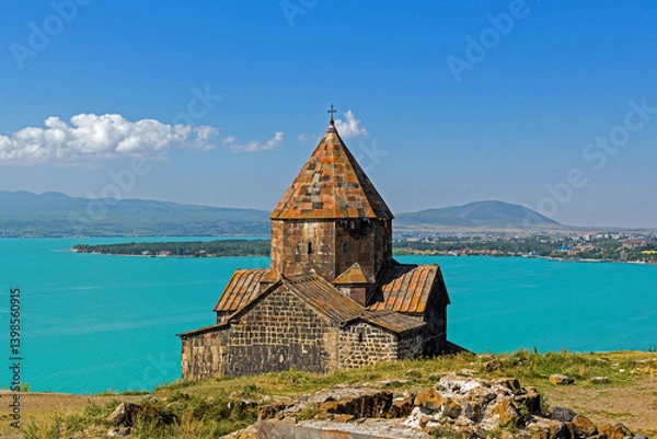 Fototapeta Armenian mountains on Yerevan lake Sevan and monastery Sevanavank in Dilijan national park