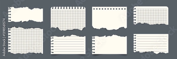 Fototapeta Set of torn notebook paper vector templates with grid lined blank sheets. Realistic ripped edges. Flat style for notes, scrapbooking, collage, memos, school education design, reminders, overlays