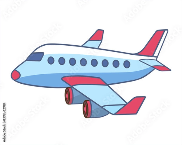 Obraz Passenger plane flying in the sky side view. Plane in cartoon design. Toy plane flat style. Airplane light blue color with pink tips. Travel concept. Vector illustration isolated on white background 
