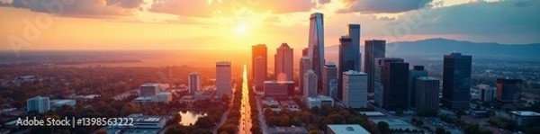 Fototapeta Aerial view of sleek high rise buildings shining under the sunlight in downtown Denver, Colorado, downtown