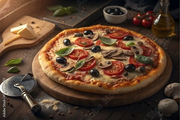 Fototapeta Oven-Fresh Flavor — Mixed Topping Pizza Flat Lay