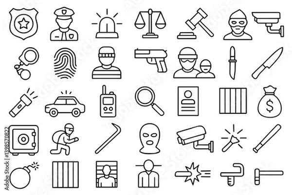 Fototapeta Police and crime line icons collection in flat design with unique outlines