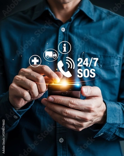 Fototapeta Futuristic 24 7 SOS Emergency Services Concept with Digital Icons Holographic Smartphone Display and Corporate Customer Support Technology Interface