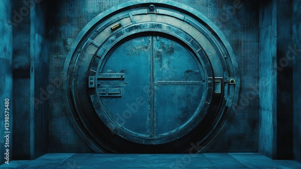 Obraz Massive Industrial Vault Door in Blue Metallic Room with Sci-Fi Atmosphere and Heavy Security Details
