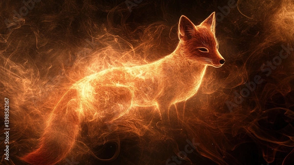 Obraz Ethereal Flame Fox Spirit Emerging from Fire and Smoke in a Dark Mystical Fantasy Realm