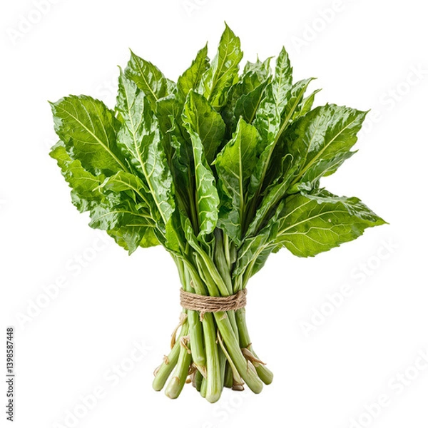 Obraz Fresh wasabi greens bundle with jagged leaves and twine on white background Aromatic and spicy