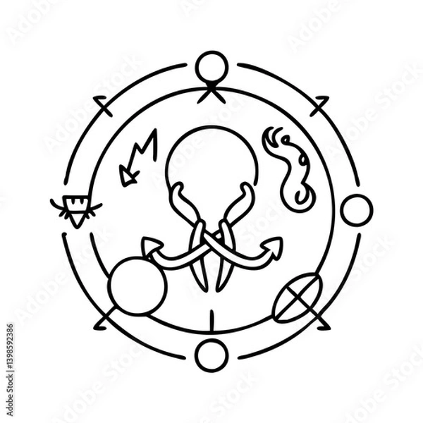 Fototapeta A mystical circular emblem featuring a stylized Cthulhulike creature surrounded by occult symbols and planetary bodies