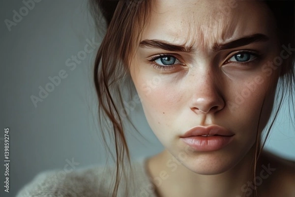 Fototapeta Close up portrait of a young woman with a sad expression, isolated on a grey background
