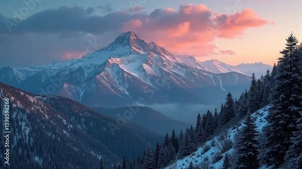 Fototapeta Photo of Mount Olympus in Greece at dawn, with mild, rainy winter conditions, taken from an aerial viewpoint.
