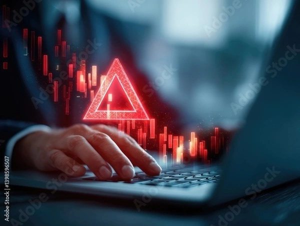 Fototapeta Financial warning alert.  A person working on a laptop with a red triangle graphic overlaid on financial charts, signifying potential risk or danger