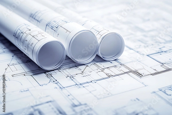 Fototapeta Three blueprints with white paper rolls on top, representing architectural and design concepts. 