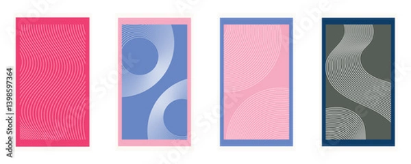 Fototapeta Abstract minimalist design, geometric shapes, curved lines, pink and blue tones, rectangular frames, moon crescent motif, wavy pattern design background
