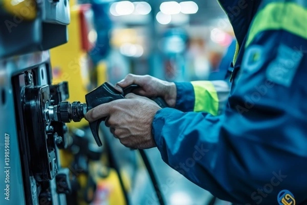 Fototapeta Worker in blue shirt and green jacket adjusts water tap with steel tape measure at gas station