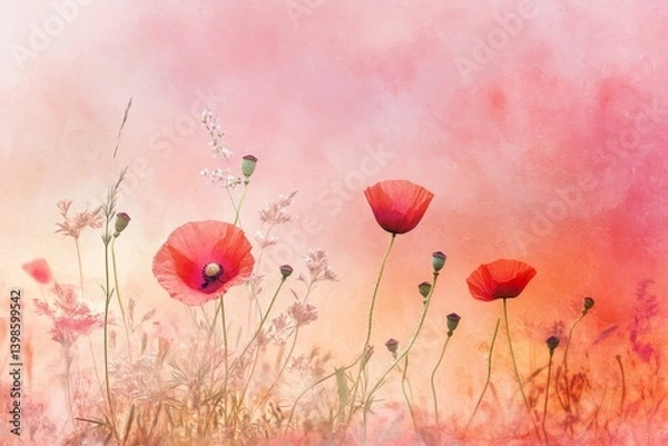 Fototapeta Delicate watercolor wildflowers and poppies against a soft pink red orange gradient background