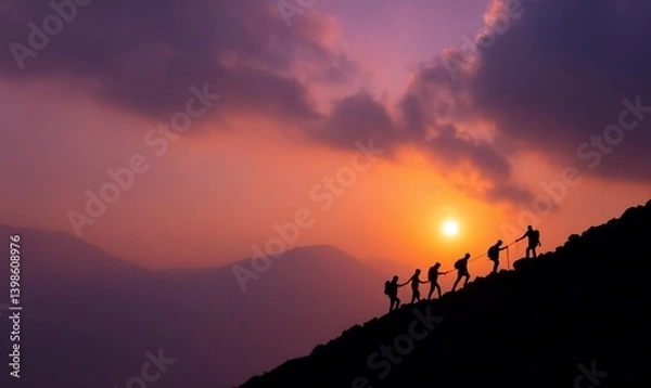 Obraz Hikers climb mountain at sunset