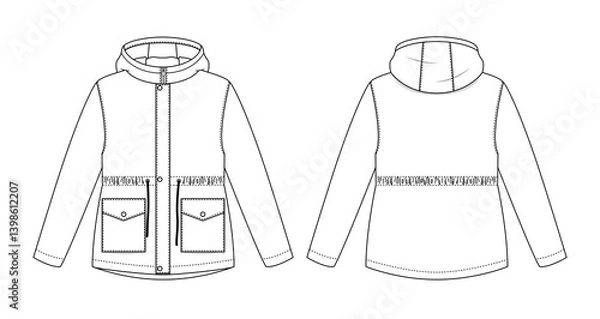 Fototapeta Flat sketch shows hooded parka with drawstring waist and flap pockets, parka design perfect for outerwear concepts, parka template ideal for sewing patterns or style mockups.