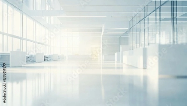 Fototapeta Modern Minimalist Office Interior Design: Bright, Spacious Workspace with Glass Partitions and White Furniture