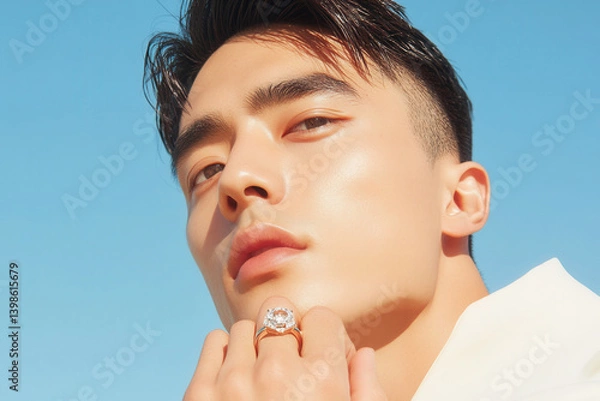 Obraz Man showing elegant ring against blue sky.