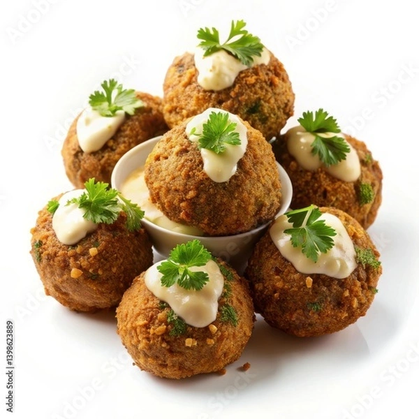 Fototapeta Crispy Falafel Bites with Creamy Sauce close up shot of delicious food