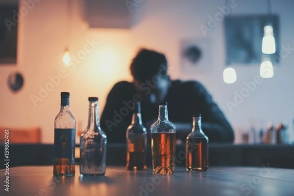 Fototapeta A somber scene  a man drinks alone amidst empty bottles and a depressed figure in the background