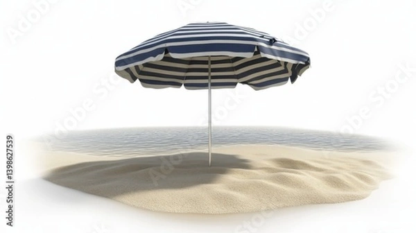 Fototapeta On white sand with a backdrop behind, a striped beach umbrella offers shade and a summery vibe