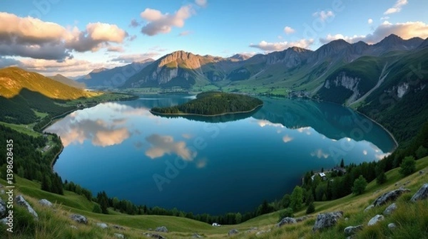 Fototapeta Mild, sunny summer conditions at Lac de Serre Poncon in France, captured from a panoramic perspective at dawn.
