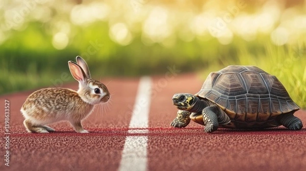 Fototapeta A rabbit and a turtle race on the track, with blurred grass in the background.
