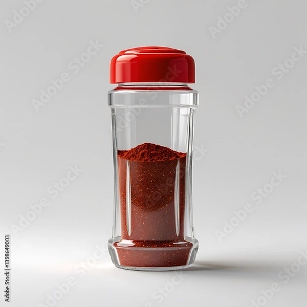 Fototapeta Chili powder in clear shaker bottle with red lid, no label. Spice container, cooking ingredient, seasoning on white background.