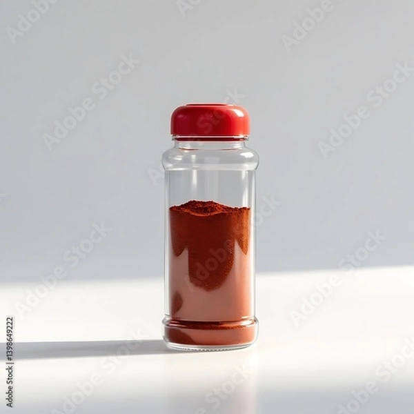 Fototapeta Chili powder in clear shaker bottle with red lid, no label. Spice container, cooking ingredient, seasoning on white background.