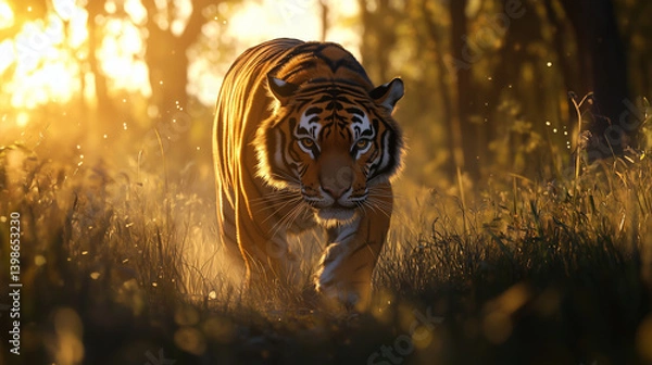 Fototapeta Hyper-realistic AI-generated image of a Bengal tiger stealthily walking through tall grass in a forest at sunset. Ideal for dramatic wildlife scenes and conservation visuals.
