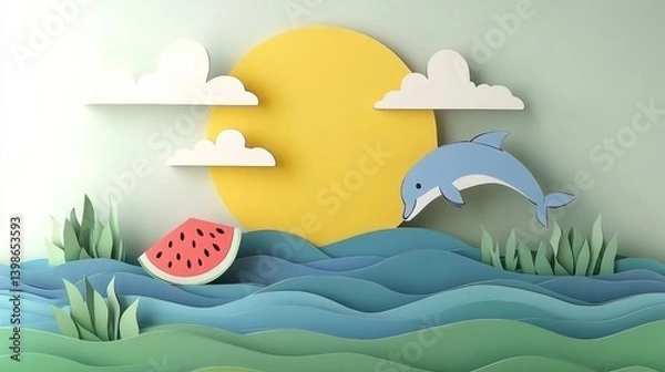 Fototapeta A summer-themed illustration with a watermelon slice on a blue water splash, "Hello Summer" greeting, women basking in the sun, and dolphins jumping out of the water