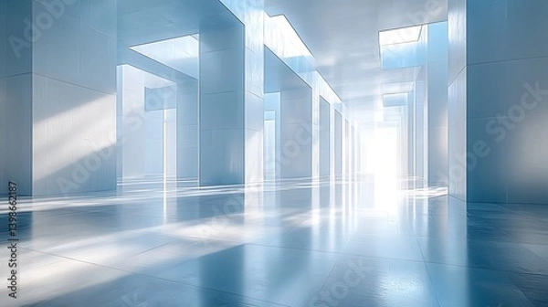 Fototapeta Minimalist design featuring overlapping translucent cubes in various sizes with soft blue and white lighting casting delicate shadows on a polished floor, creating an ethereal and futuristic ambiance.