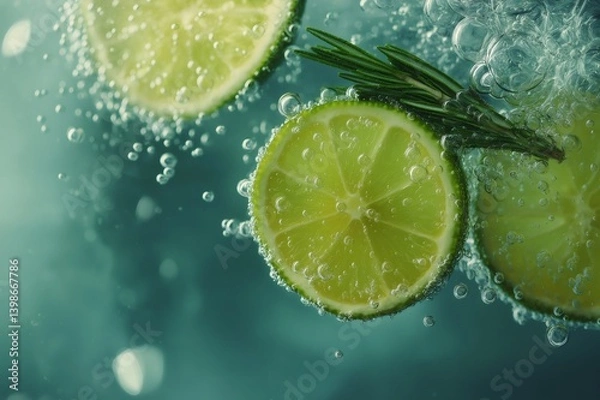 Fototapeta Lime slices and rosemary falling into carbonated water with bubbles creating a refreshing and invigorating image