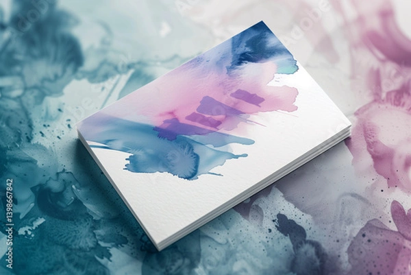 Fototapeta A stack of artistic business cards with a watercolor background and stylish design.