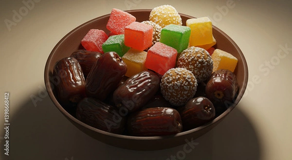 Fototapeta Colorful assorted candies and dates in a bowl on a table  