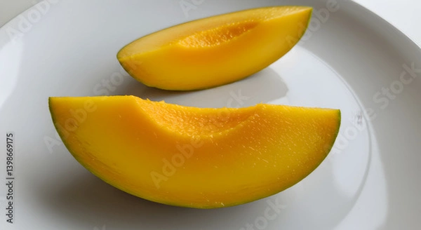 Fototapeta Fresh Mango Slices on White Plate Still Life Image For Stock