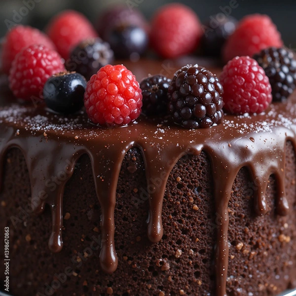 Fototapeta macro closeup photo of delicious chocolate cake with melt chocolate icing and berries on it with blank copy space 