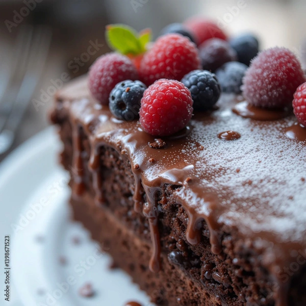 Fototapeta macro closeup photo. piece of delicious chocolate cake with melt chocolate icing and berries on it with copy space 