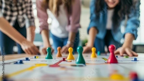 Fototapeta Colorful Board Game Excitement: Friends Engage in Immerse Strategy and Fun for the Perfect Game Night